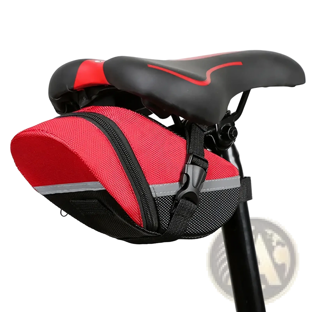 Red and black mesh waterproof nylon bicycle saddle bag with reflective strip shown from the back side