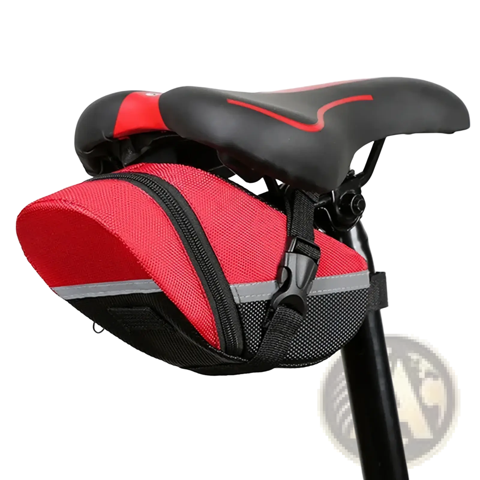 Red and black mesh waterproof nylon bicycle saddle bag with reflective strip shown from the back side