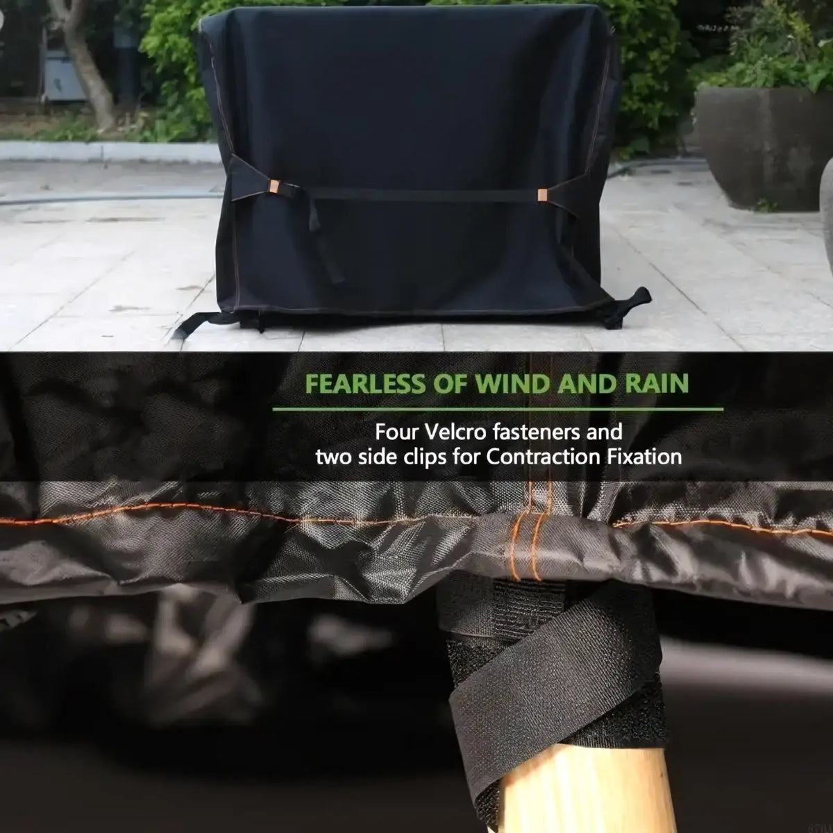 Black waterproof outdoor grill cover with reinforced stitching velcro fasteners made of oxford fabric for outdoor use