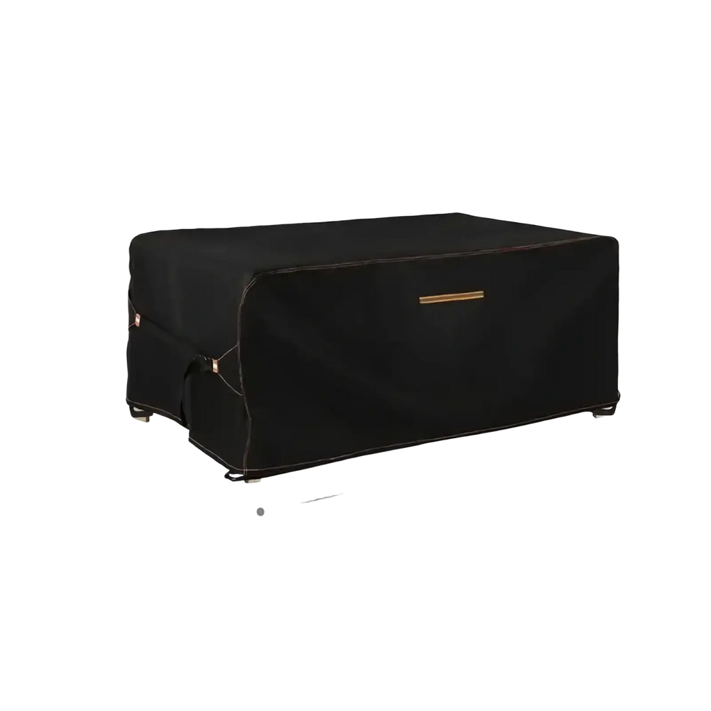 Waterproof outdoor furniture cover in black oxford fabric with gold-toned zipper and reinforced stitching