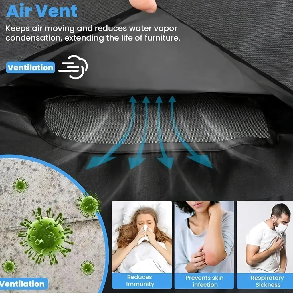 Black mesh air vent panel on the back side of a waterproof outdoor furniture cover made of oxford fabric