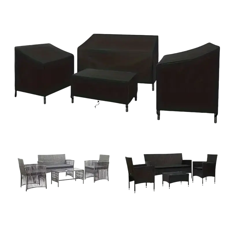 Black woven wicker outdoor furniture set with matching coffee table and waterproof furniture covers 4-piece set
