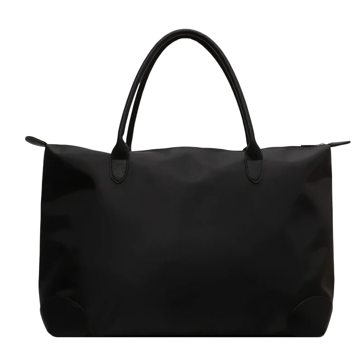 Black nylon waterproof oxford cloth travel tote bag with leather handles and reinforced stitching