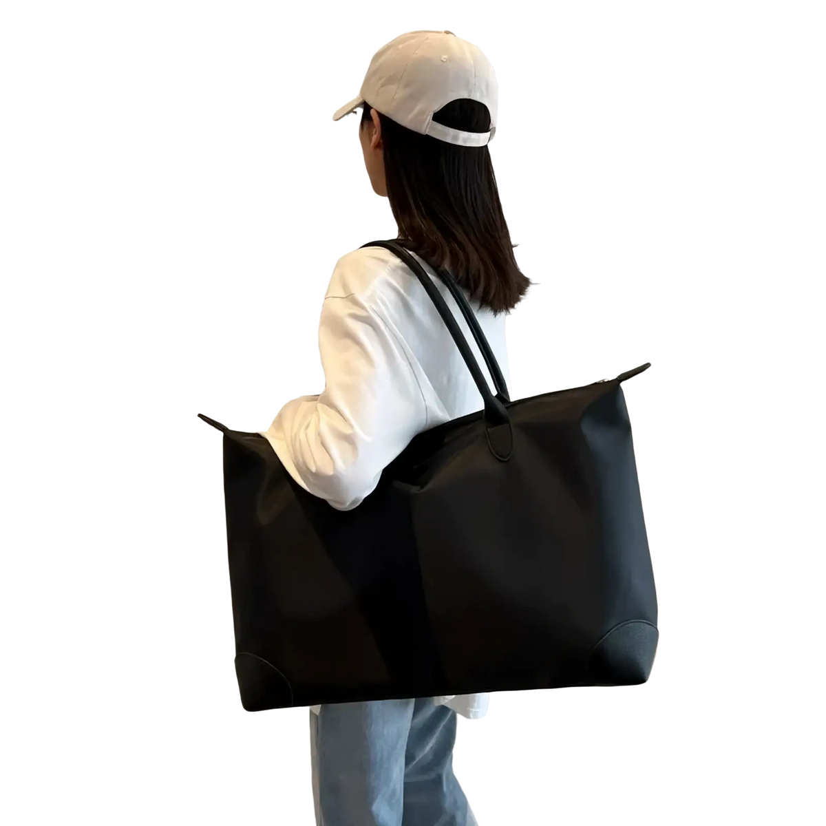 Black waterproof oxford cloth travel tote bag with reinforced corners and sturdy handles for durability
