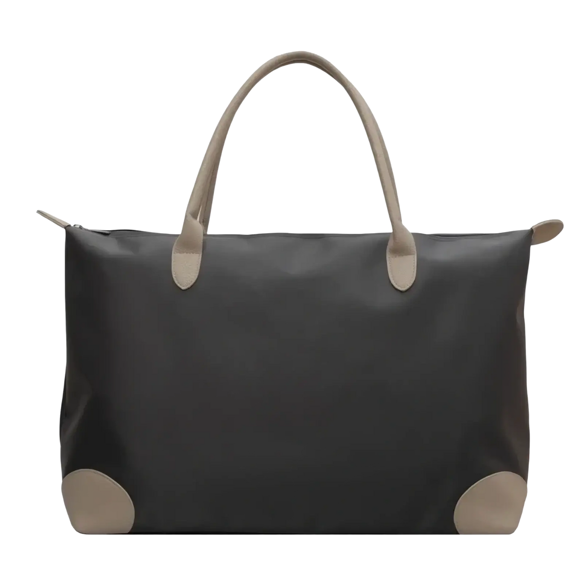 Black waterproof oxford cloth travel tote bag with beige leather handles and reinforced corners made of nylon