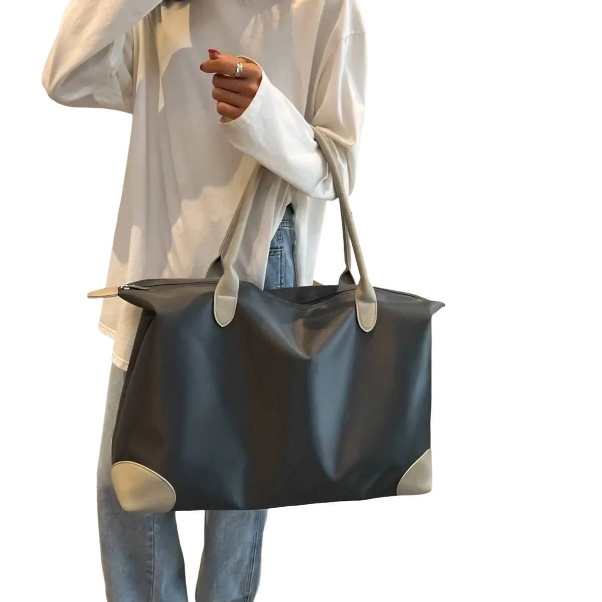 Dark gray and beige waterproof oxford cloth travel duffel bag with leather-like handles and corner reinforcements