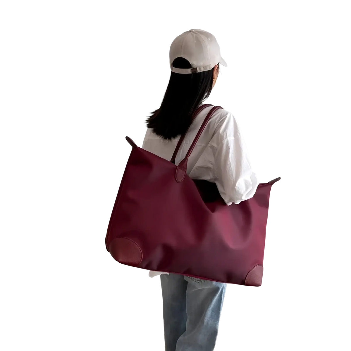 A deep burgundy waterproof oxford cloth travel tote bag with glossy nylon and reinforced leather-like patches