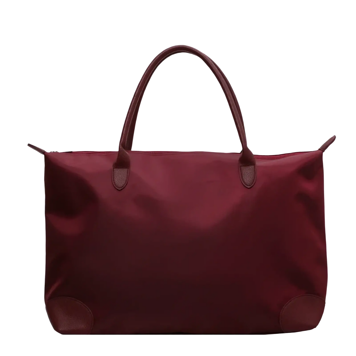 Maroon waterproof oxford cloth travel tote bag with nylon body leather handles and reinforced corners for durability