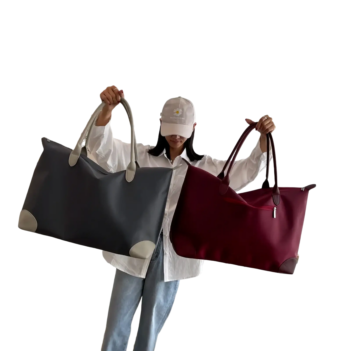 Waterproof oxford cloth travel tote bags in dark gray with beige accents and deep burgundy with sturdy handles and minimalist design