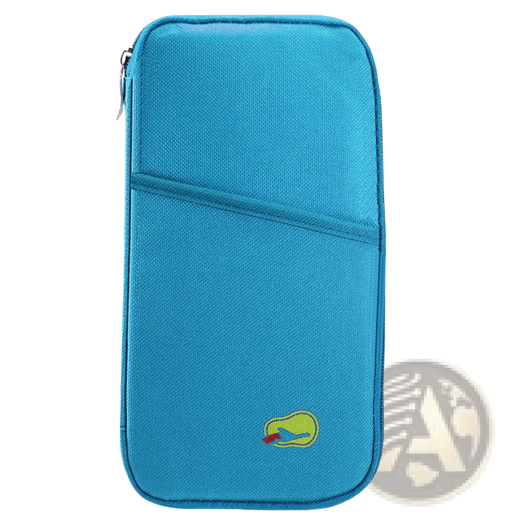 A bright blue waterproof oxford fabric travel passport holder with zipper closure and embroidered logo detail