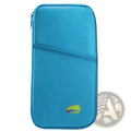 A bright blue waterproof oxford fabric travel passport holder with zipper closure and embroidered logo detail