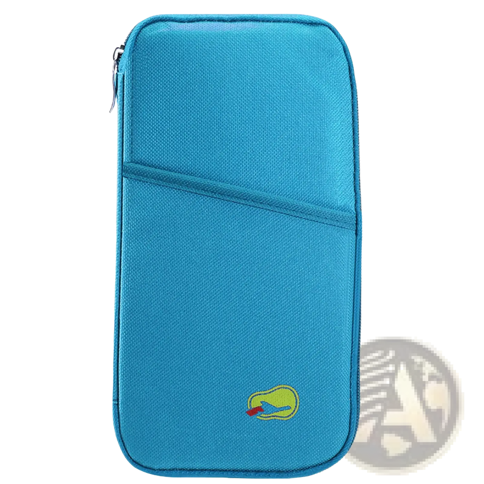 A bright blue waterproof oxford fabric travel passport holder with zipper closure and embroidered logo detail