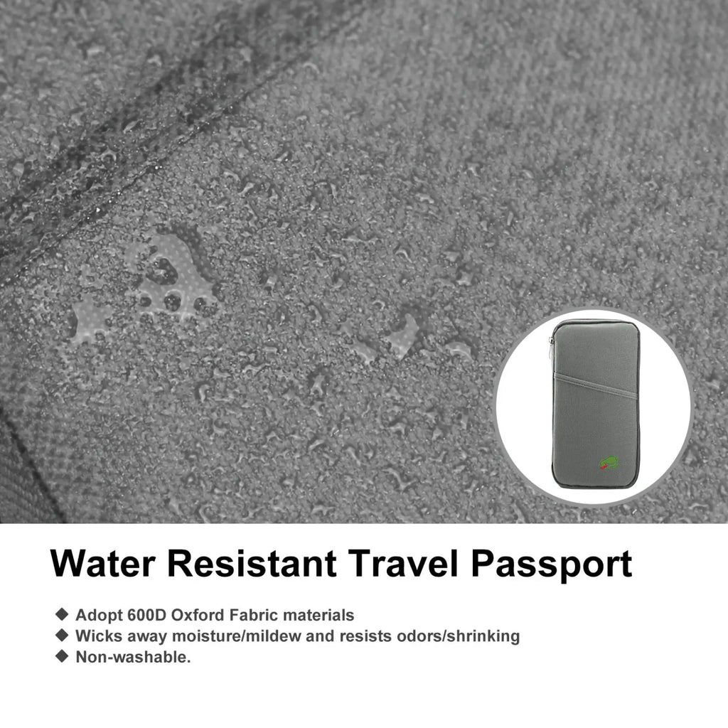 Gray water-resistant travel passport made of 600d oxford fabric with small green logo for secure document storage