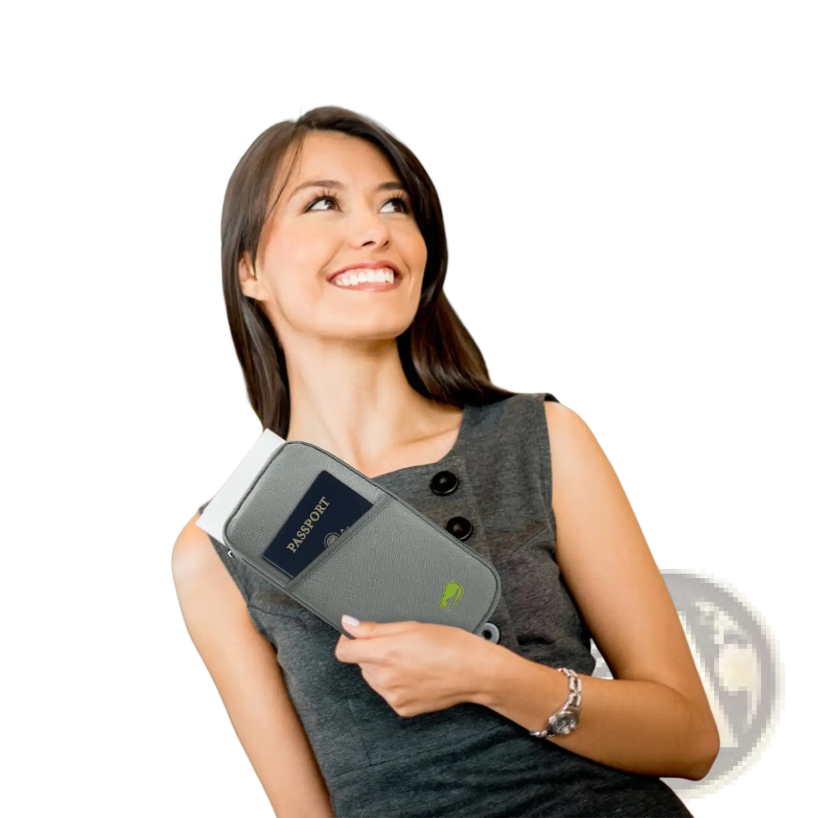 Gray textured waterproof oxford fabric travel passport and document wallet with a small green logo on the front