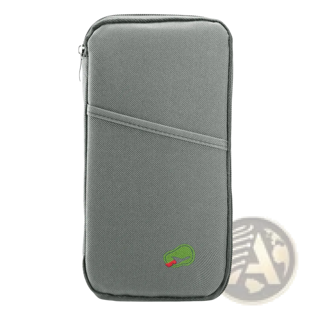 Gray textured waterproof oxford fabric travel passport and document wallet with green and red embroidered logo at bottom