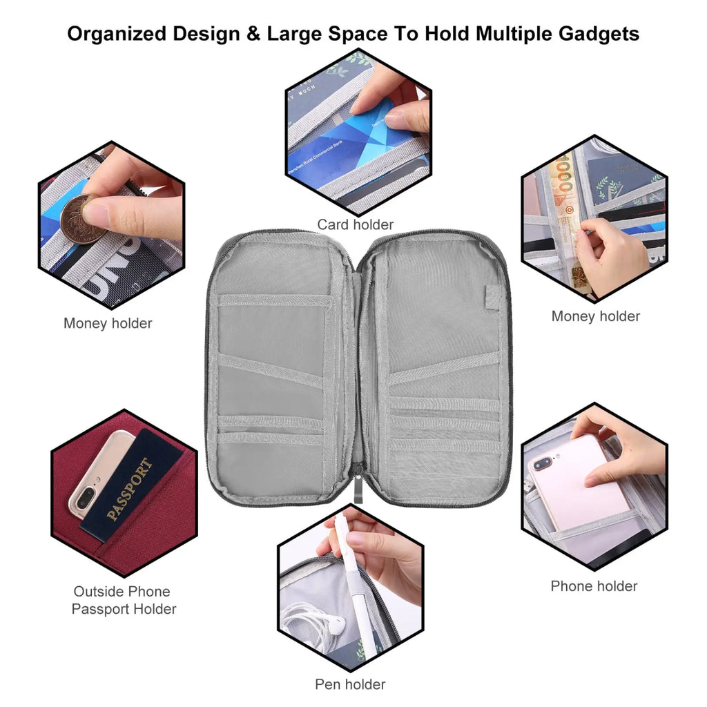 Gray mesh waterproof oxford fabric travel passport and document wallet with multiple compartments for cards money phone and passport