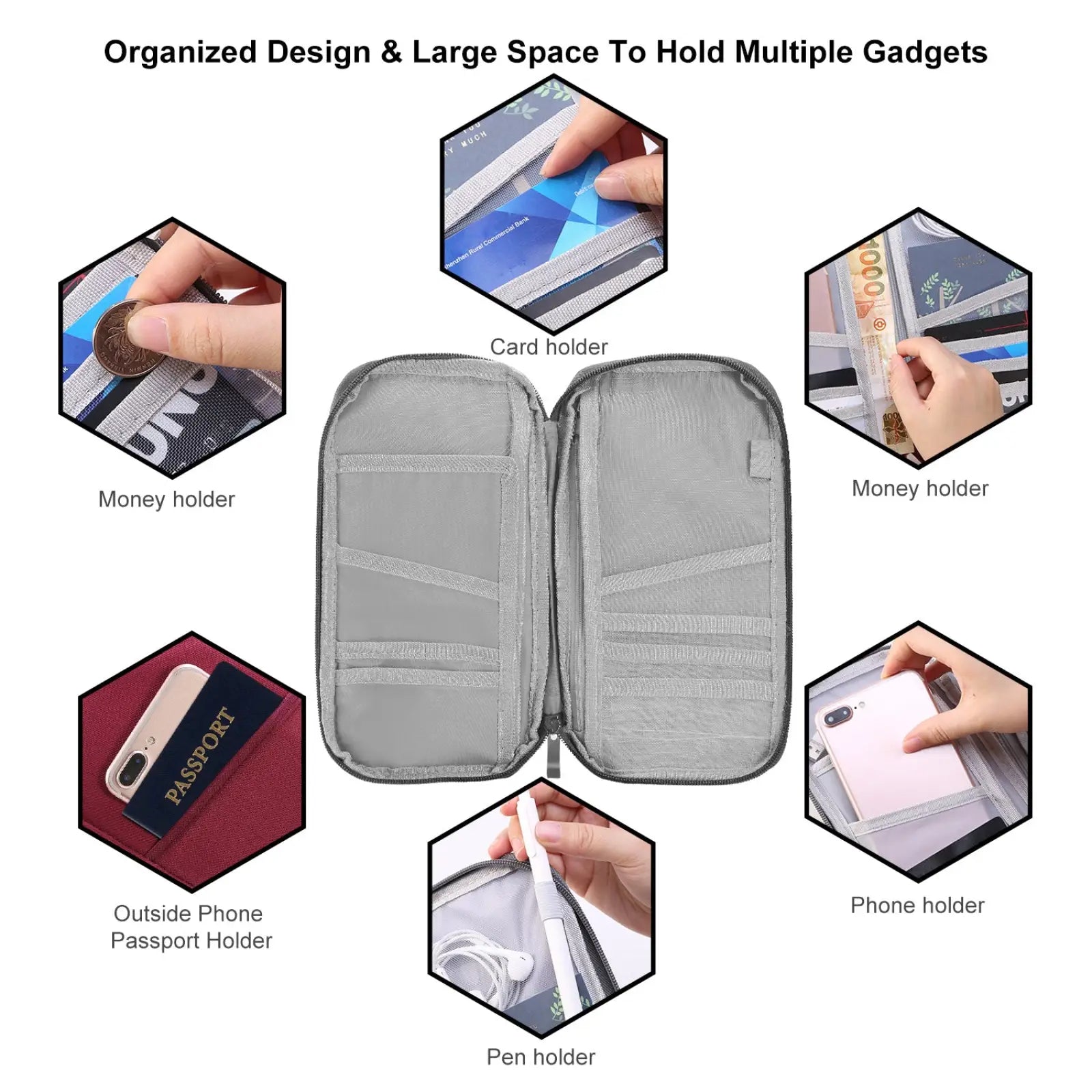Gray mesh waterproof oxford fabric travel passport and document wallet with multiple compartments for cards money phone and passport