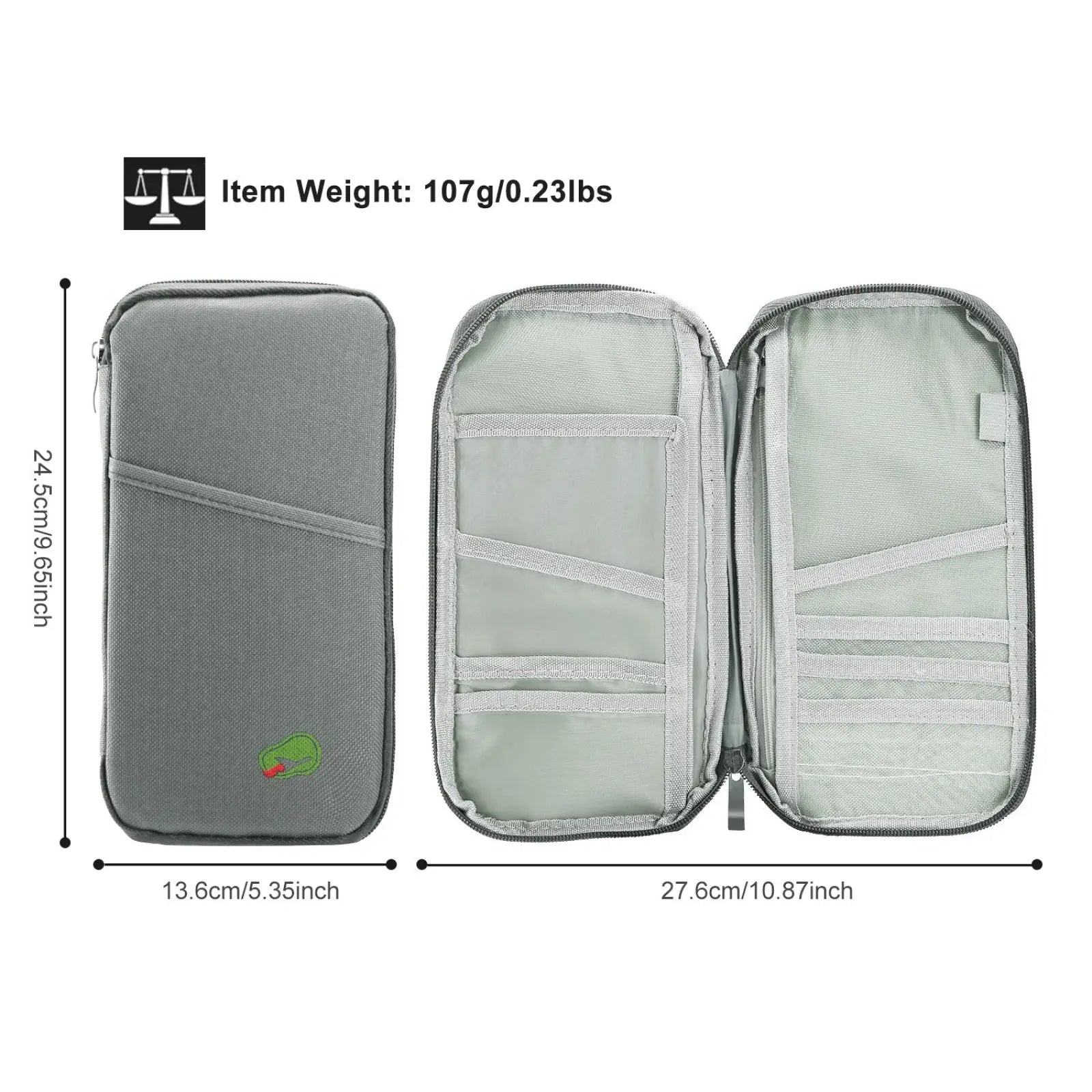 Gray waterproof oxford fabric travel passport and document wallet with multiple compartments and small green logo on front