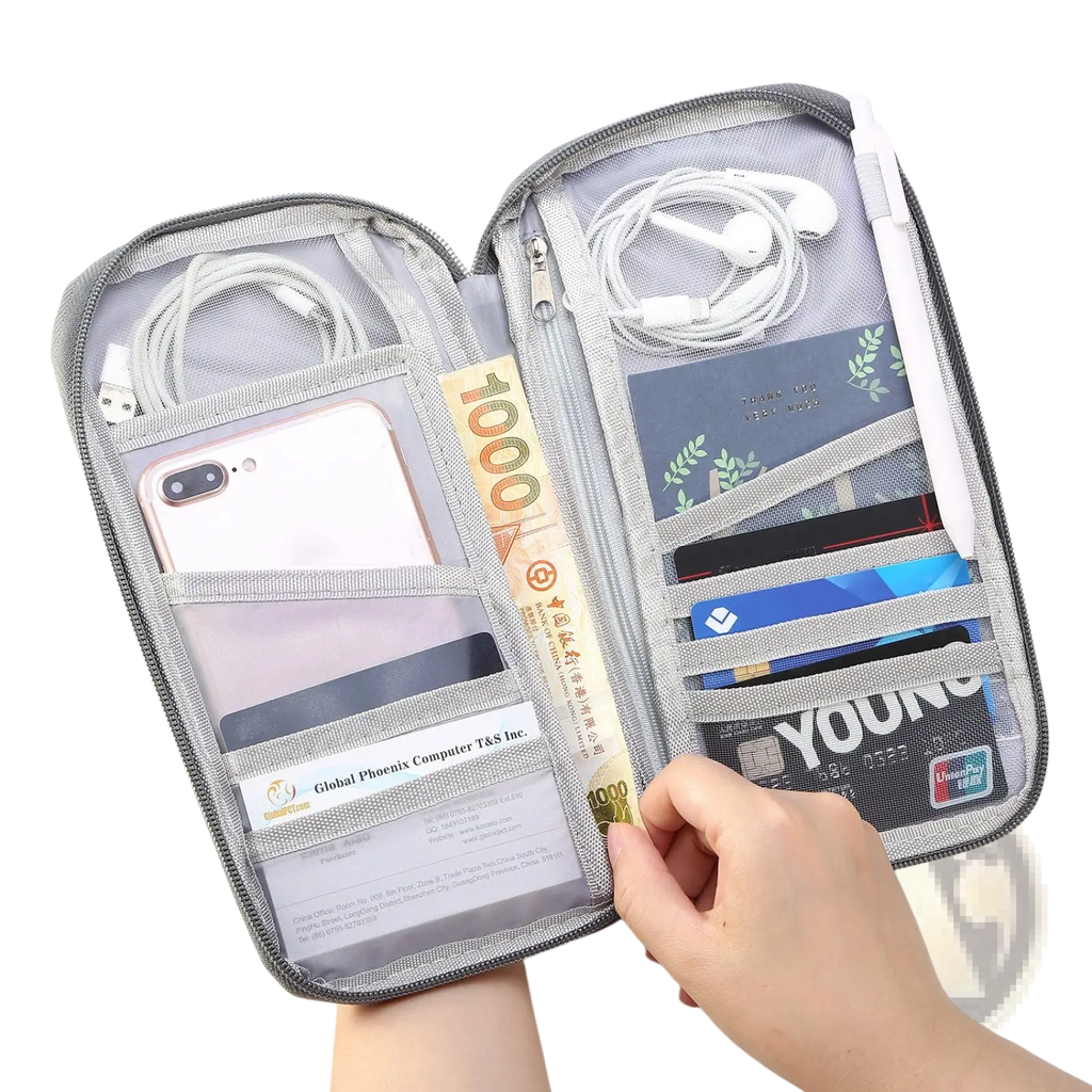 Gray mesh organizer pouch with multiple compartments inside a waterproof oxford fabric travel passport and document wallet