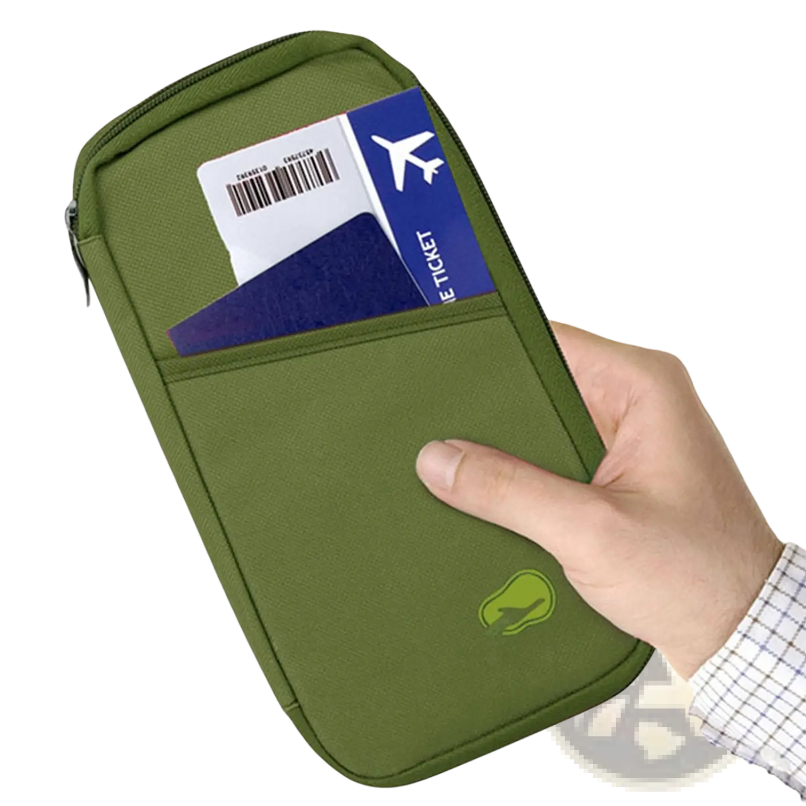 Olive green waterproof oxford fabric travel passport pouch with zipper closure and embroidered logo on front