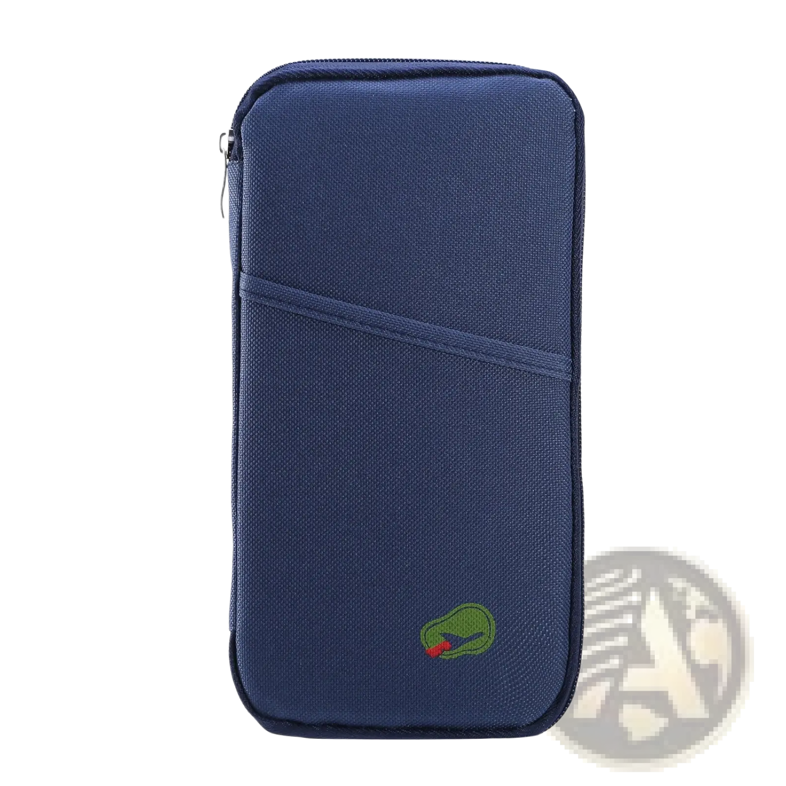 Navy blue textured waterproof oxford fabric travel passport wallet with green and red embroidered logo at bottom corner