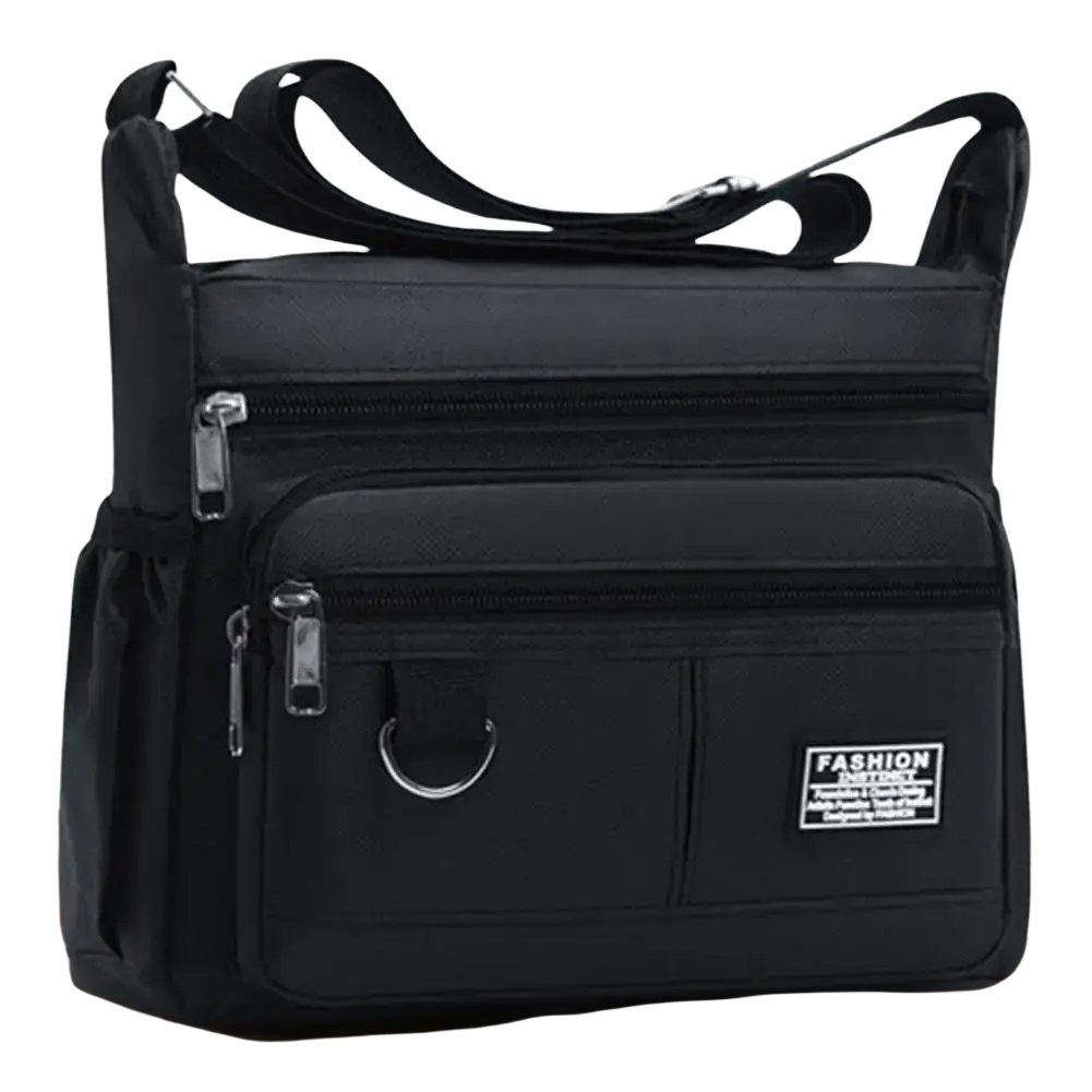 Black nylon waterproof oxford mens crossbody bag with silver zippers and metal d-ring for multiple pockets