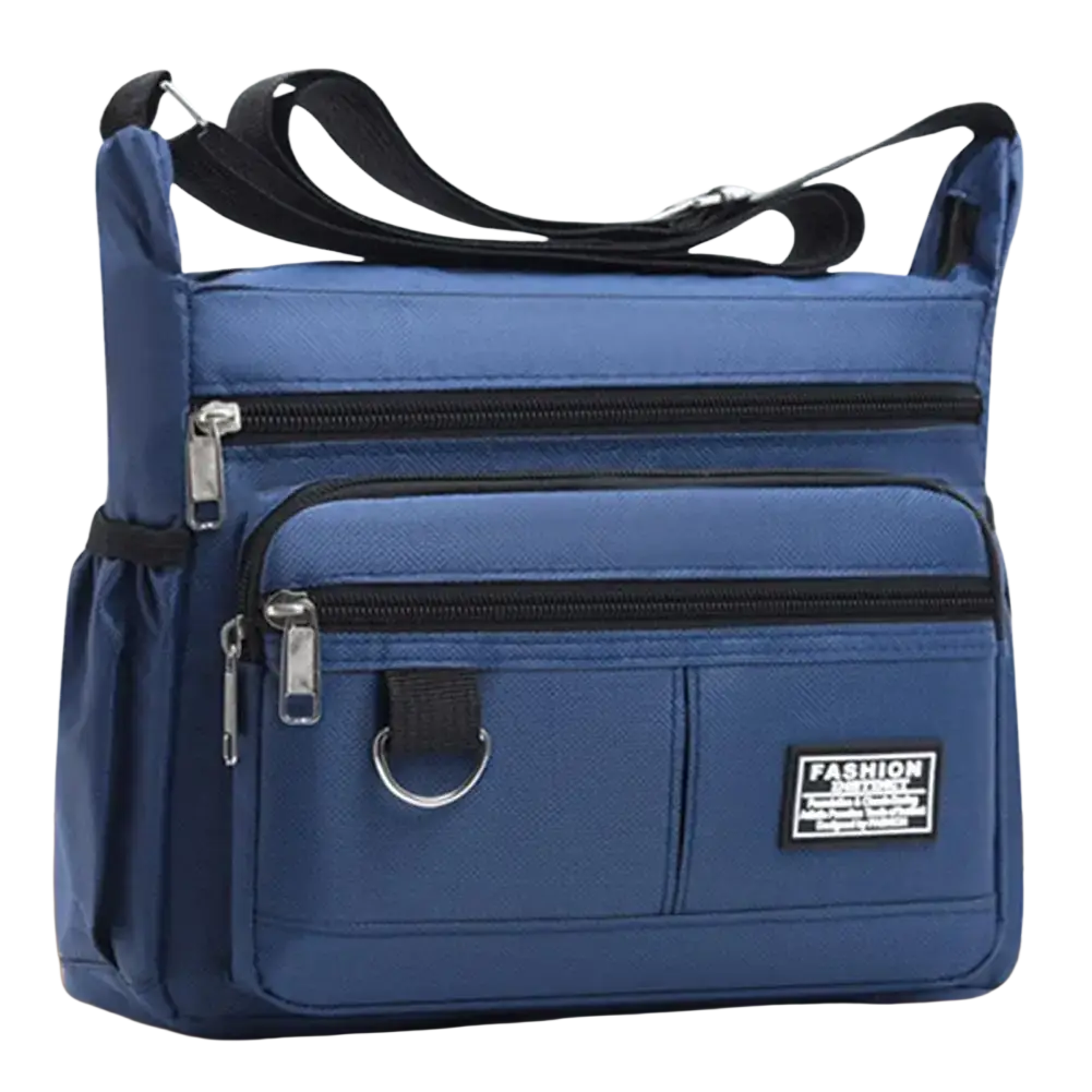 Waterproof oxford mens crossbody bag in blue nylon with black zippers and silver metal ring for multiple pockets