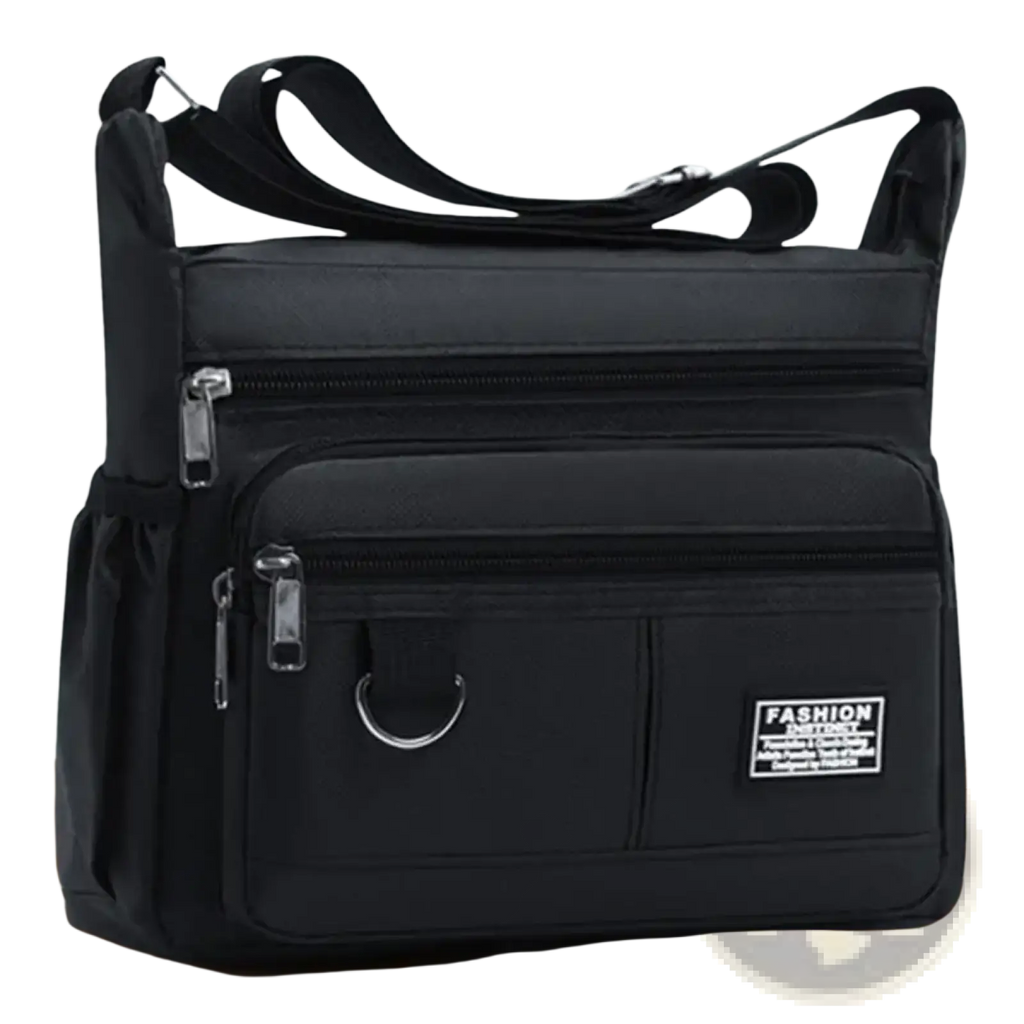 Black nylon waterproof oxford mens crossbody bag with silver zippers and metal d-ring for multiple pockets