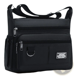 Black nylon waterproof oxford mens crossbody bag with silver zippers and metal d-ring for multiple pockets