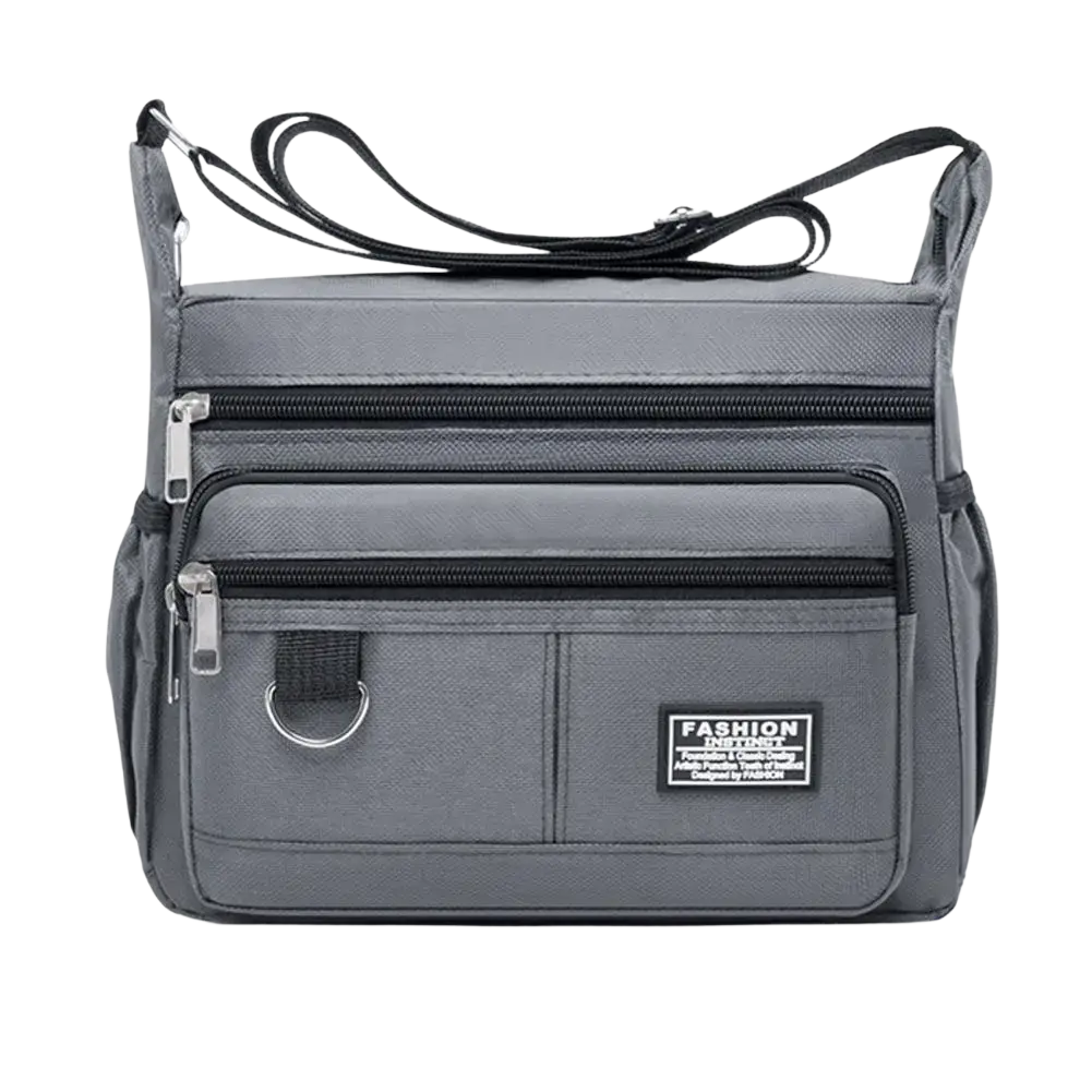 Gray waterproof oxford mens crossbody bag with multiple pockets black zippers and silver metal d-ring for daily use