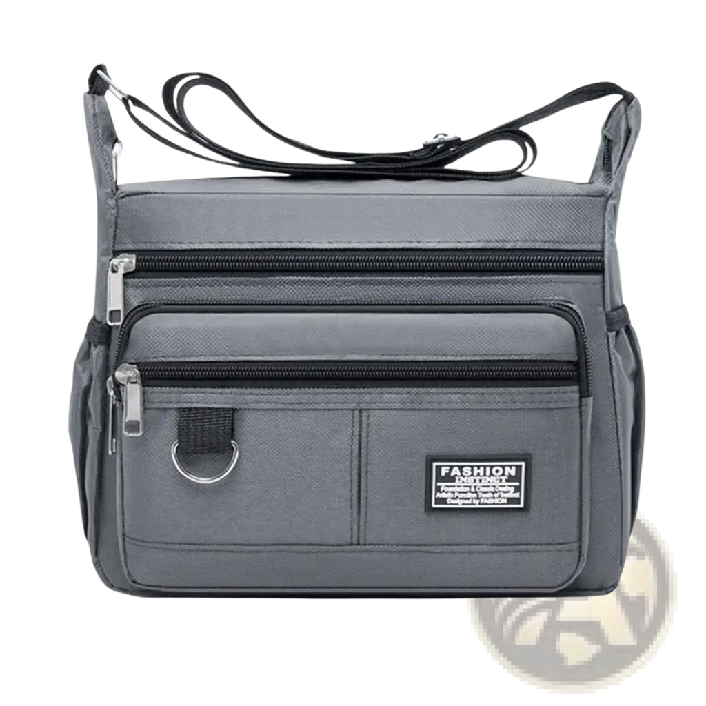 Gray waterproof oxford mens crossbody bag with multiple pockets black zippers and silver metal d-ring for daily use
