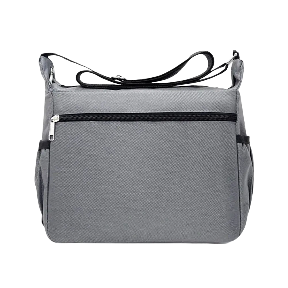 Gray waterproof oxford mens crossbody bag with black zipper and strap featuring multiple pockets for organization