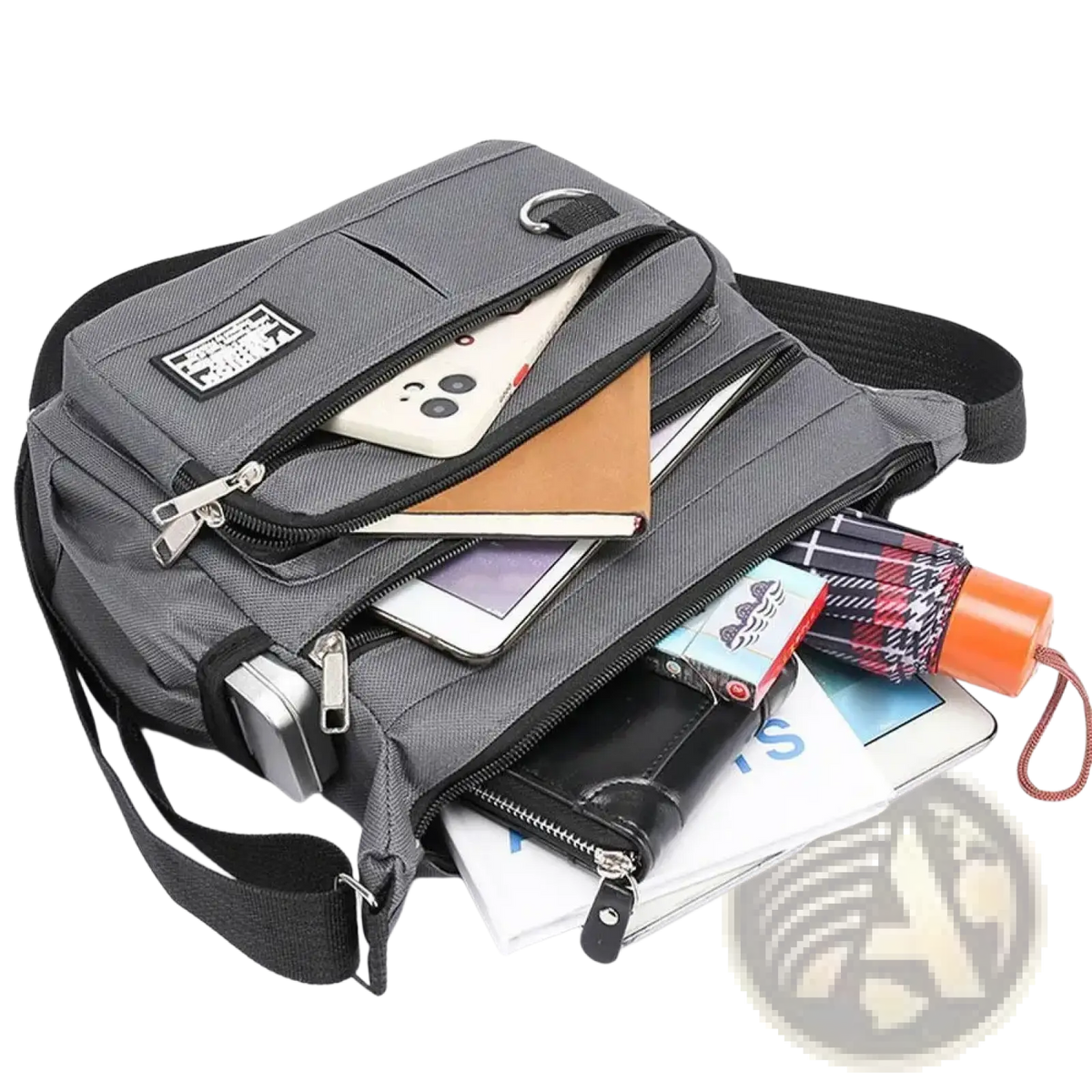 Gray waterproof oxford mens crossbody bag with multiple zippered compartments and black trim for organized carry