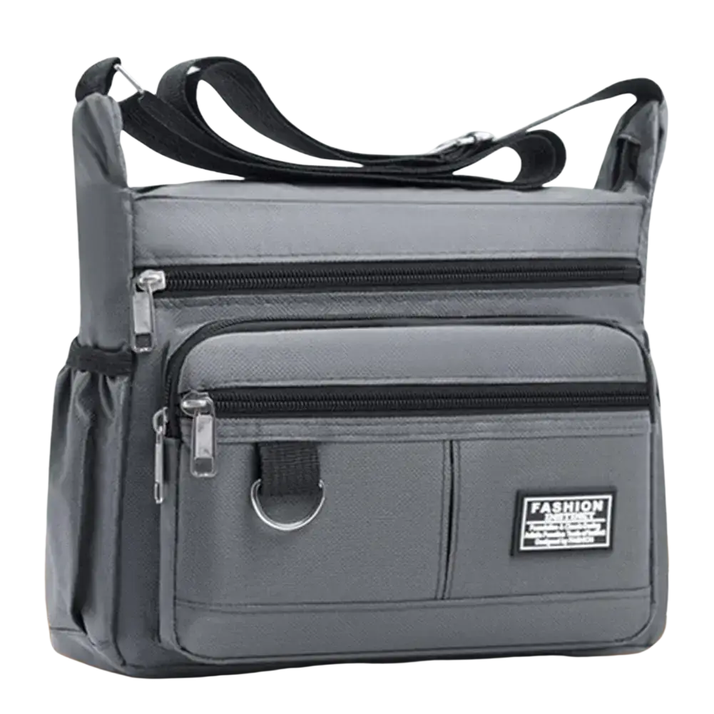 Gray nylon waterproof oxford mens crossbody bag with black zippers and silver metal d-ring for multi-pocket use