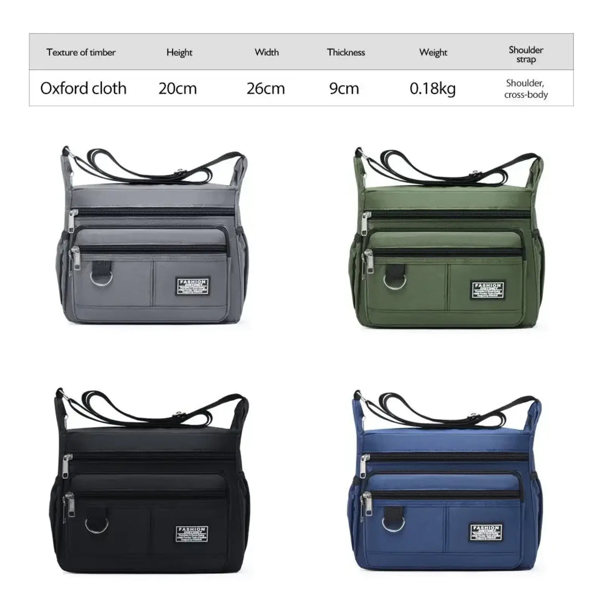 Waterproof oxford mens crossbody bags in gray olive green black and blue with multiple zippers and shoulder straps