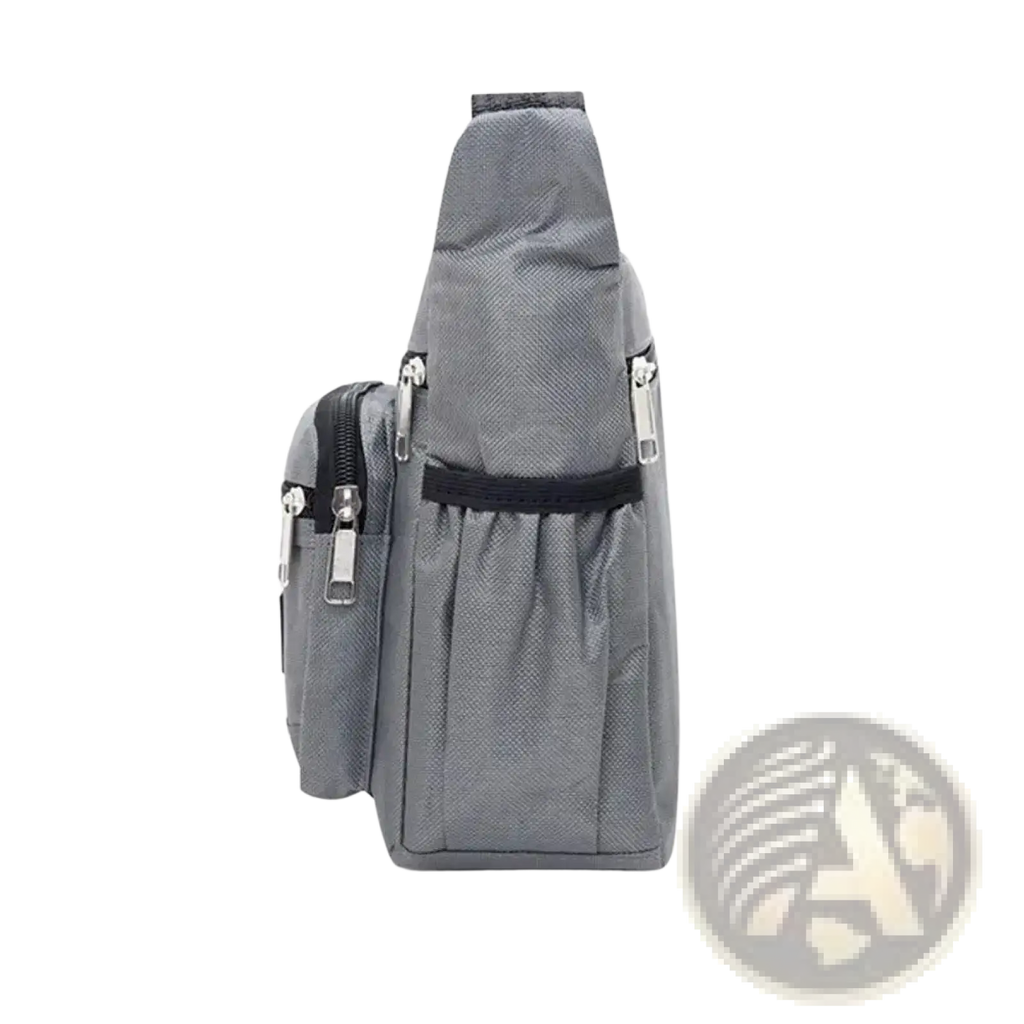 Gray textured waterproof oxford mens crossbody bag with multiple pockets black zipper pulls and side pocket