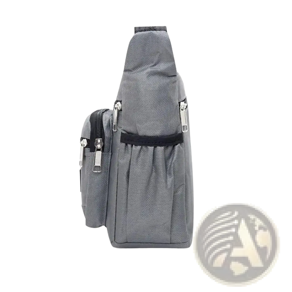 Gray textured waterproof oxford mens crossbody bag with multiple pockets black zipper pulls and side pocket
