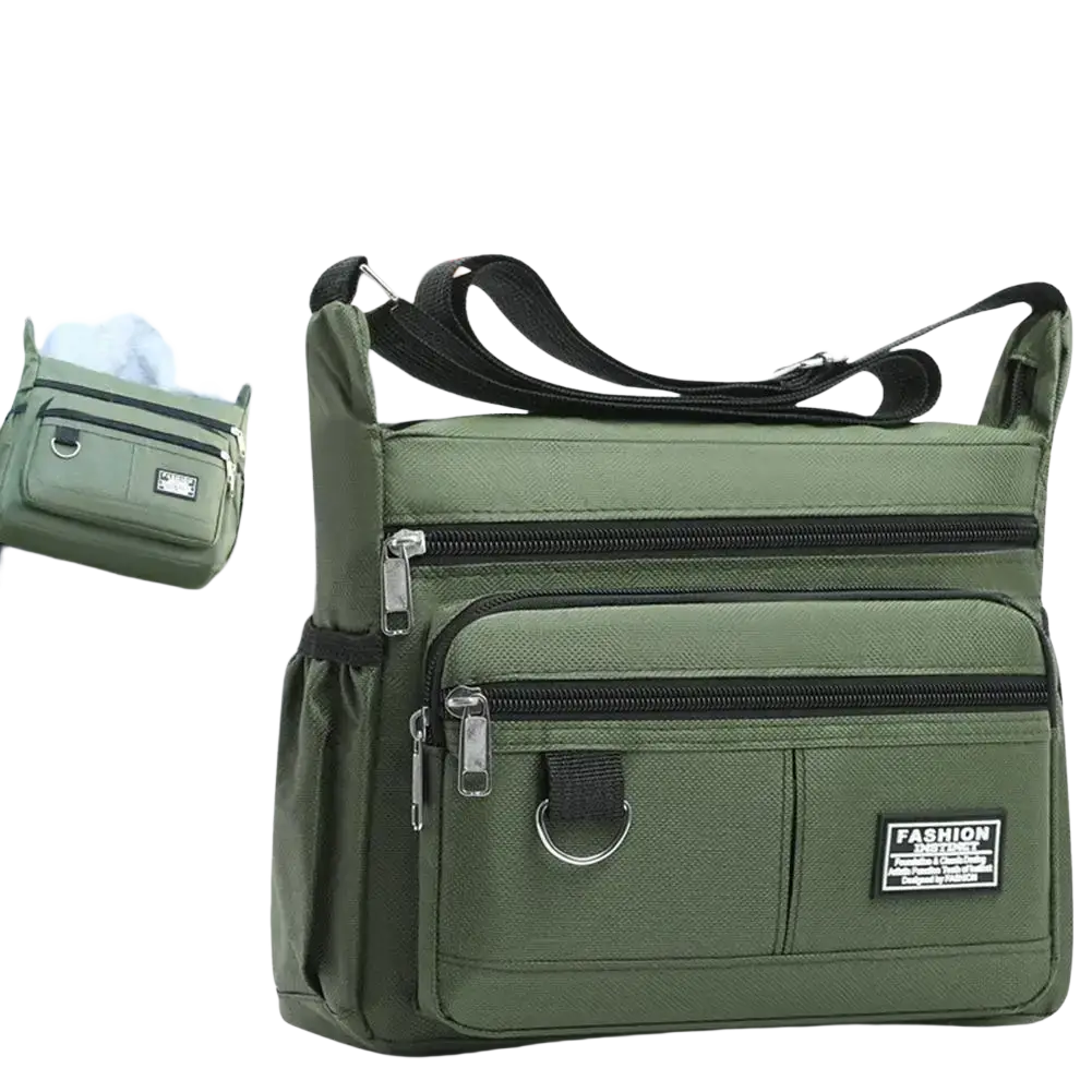 Olive green waterproof oxford mens crossbody bag with multiple zippers black straps and fashion detective patch