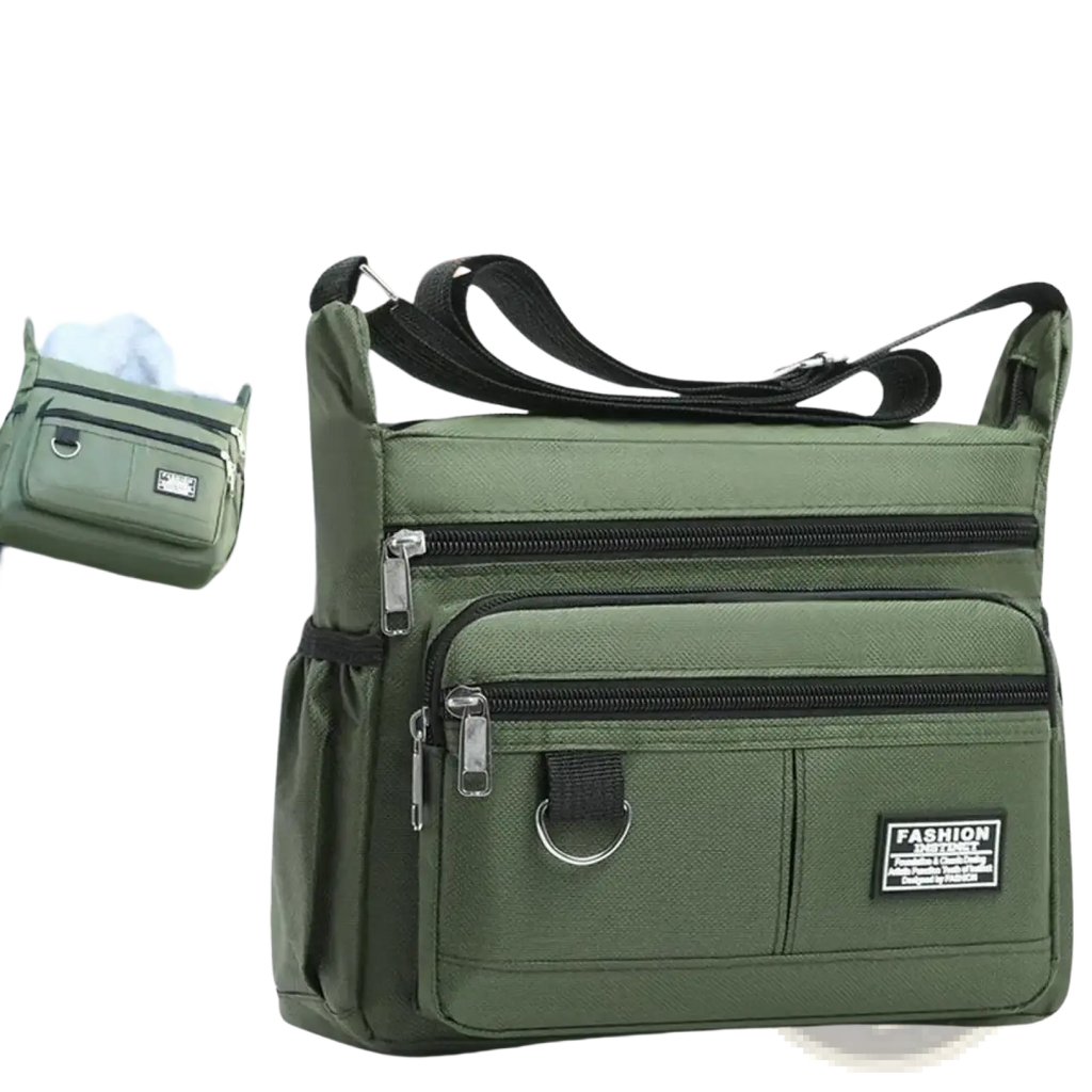 Olive green waterproof oxford mens crossbody bag with multiple zippers black straps and fashion detective patch