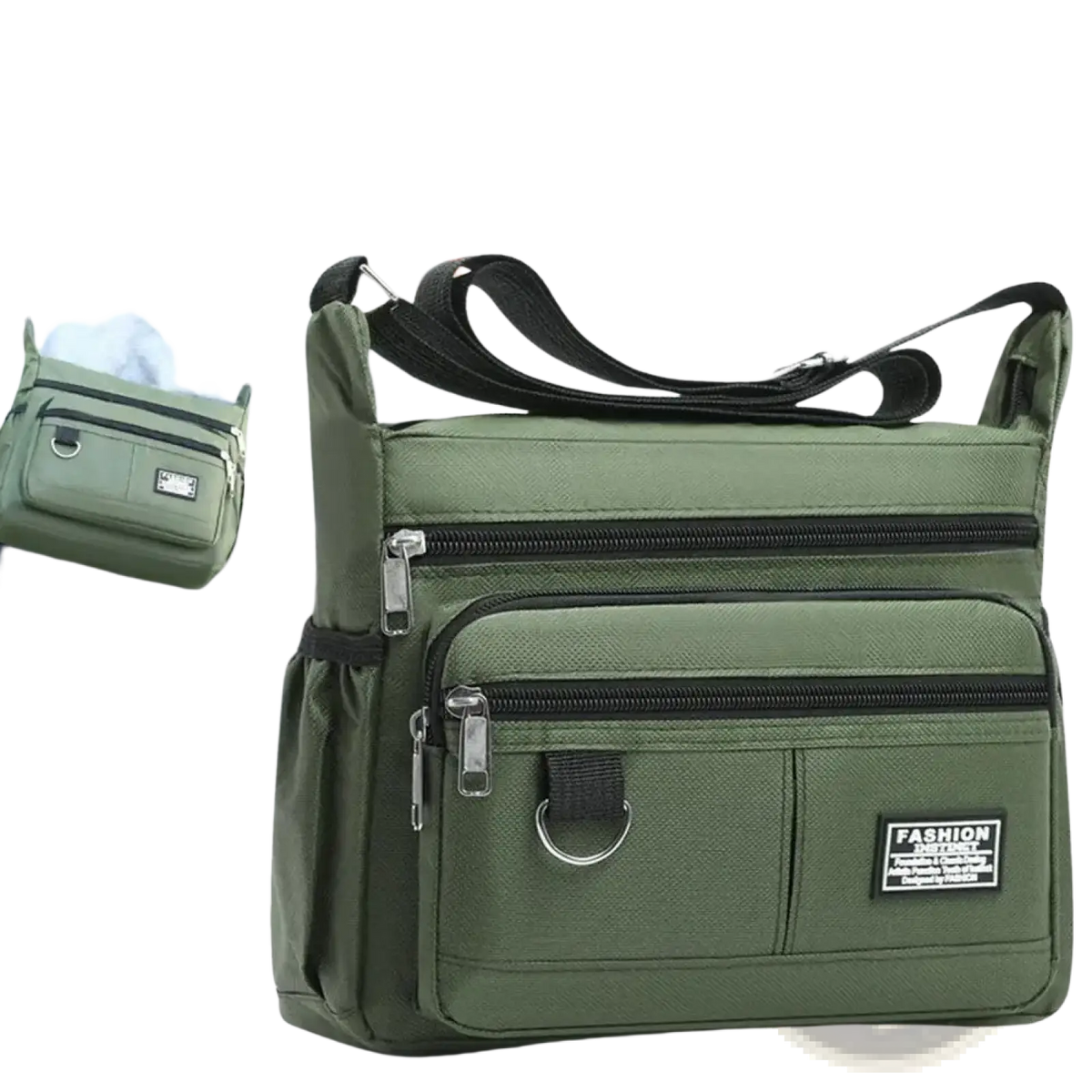 Olive green waterproof oxford mens crossbody bag with multiple zippers black straps and fashion detective patch