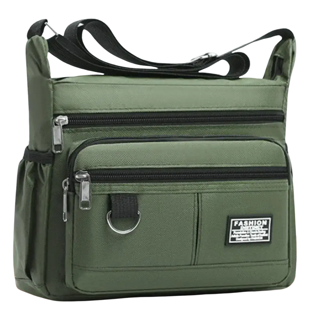 Olive green waterproof oxford mens crossbody bag made of nylon with black zippers and a detachable strap