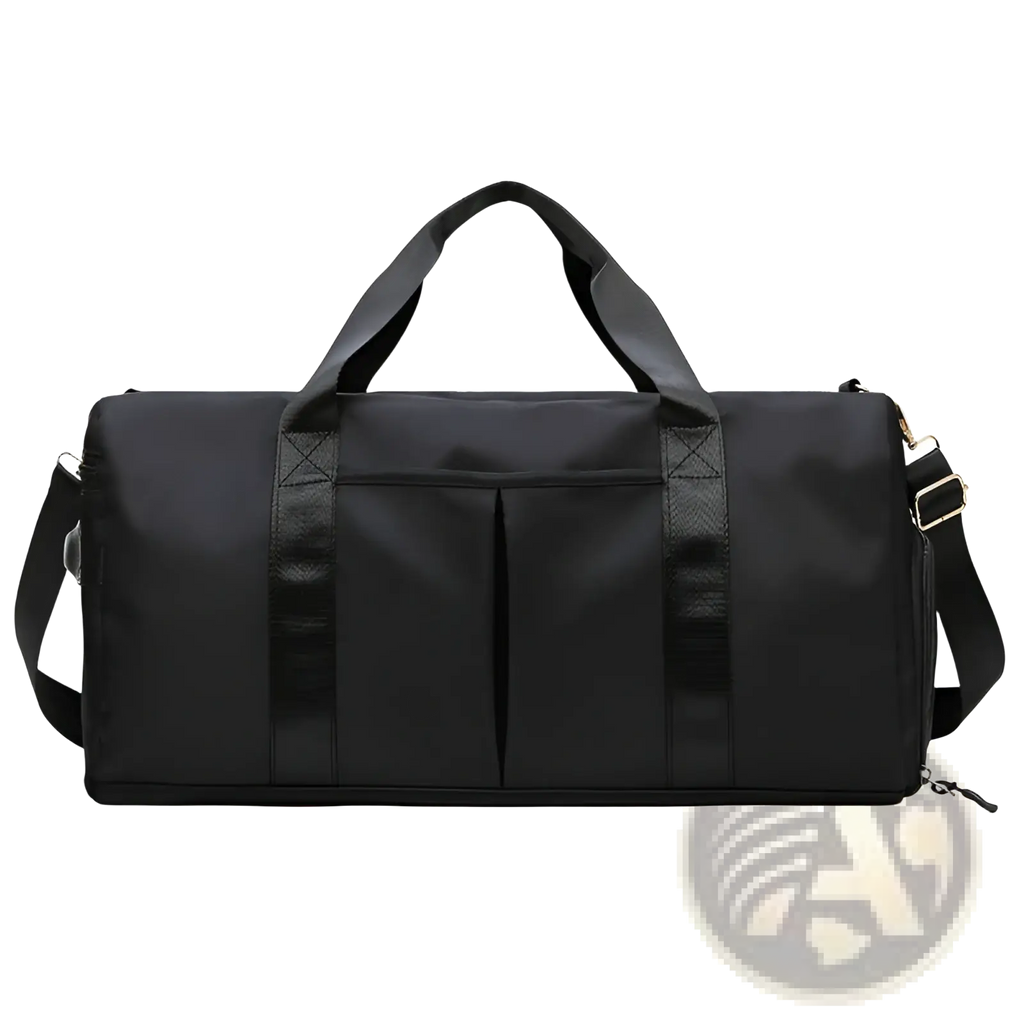 Black waterproof oxford travel duffel bag with reinforced straps and front zippered pocket for gym and sports use