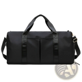 Black waterproof oxford travel duffel bag with reinforced straps and front zippered pocket for gym and sports use