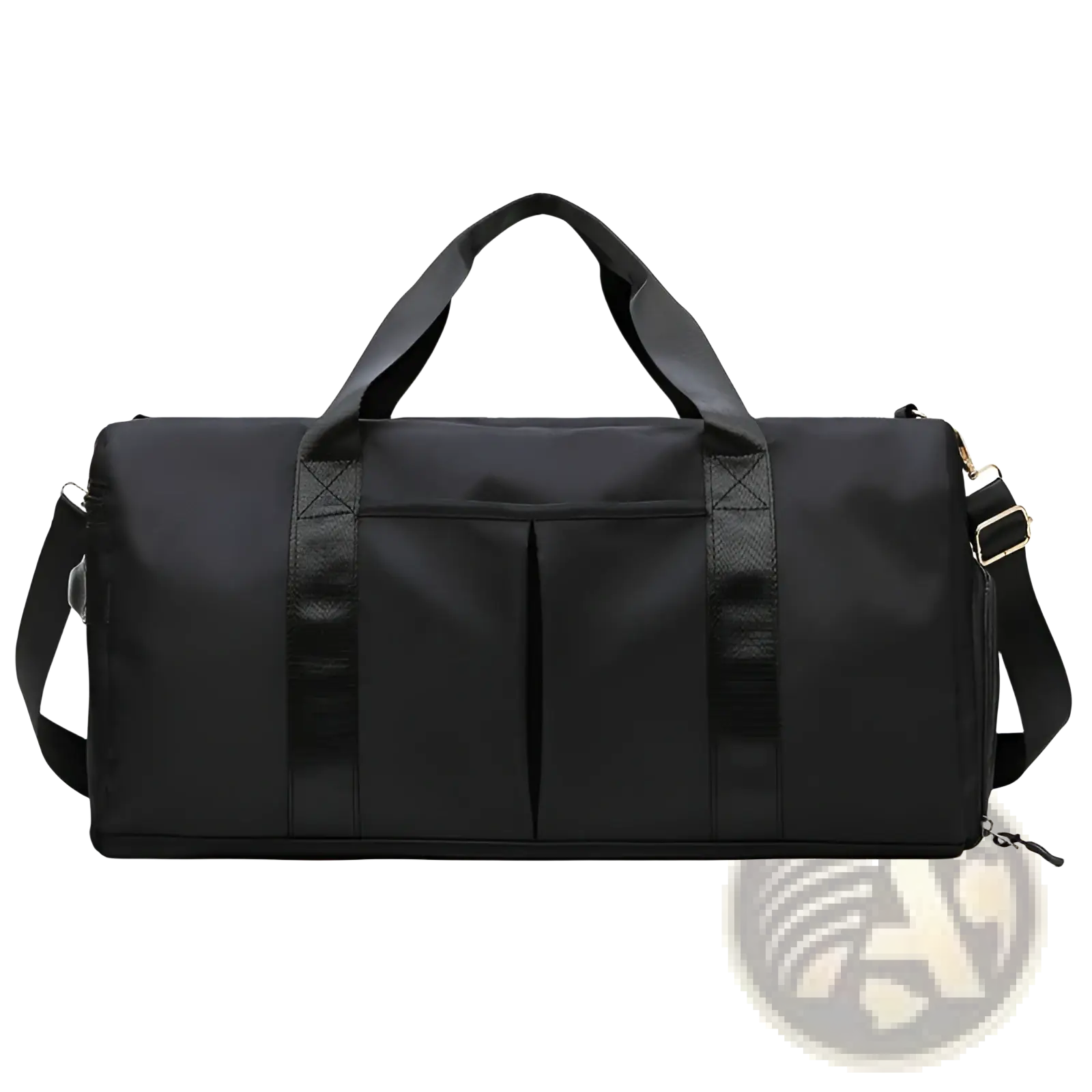 Black waterproof oxford travel duffel bag with reinforced straps and front zippered pocket for gym and sports use