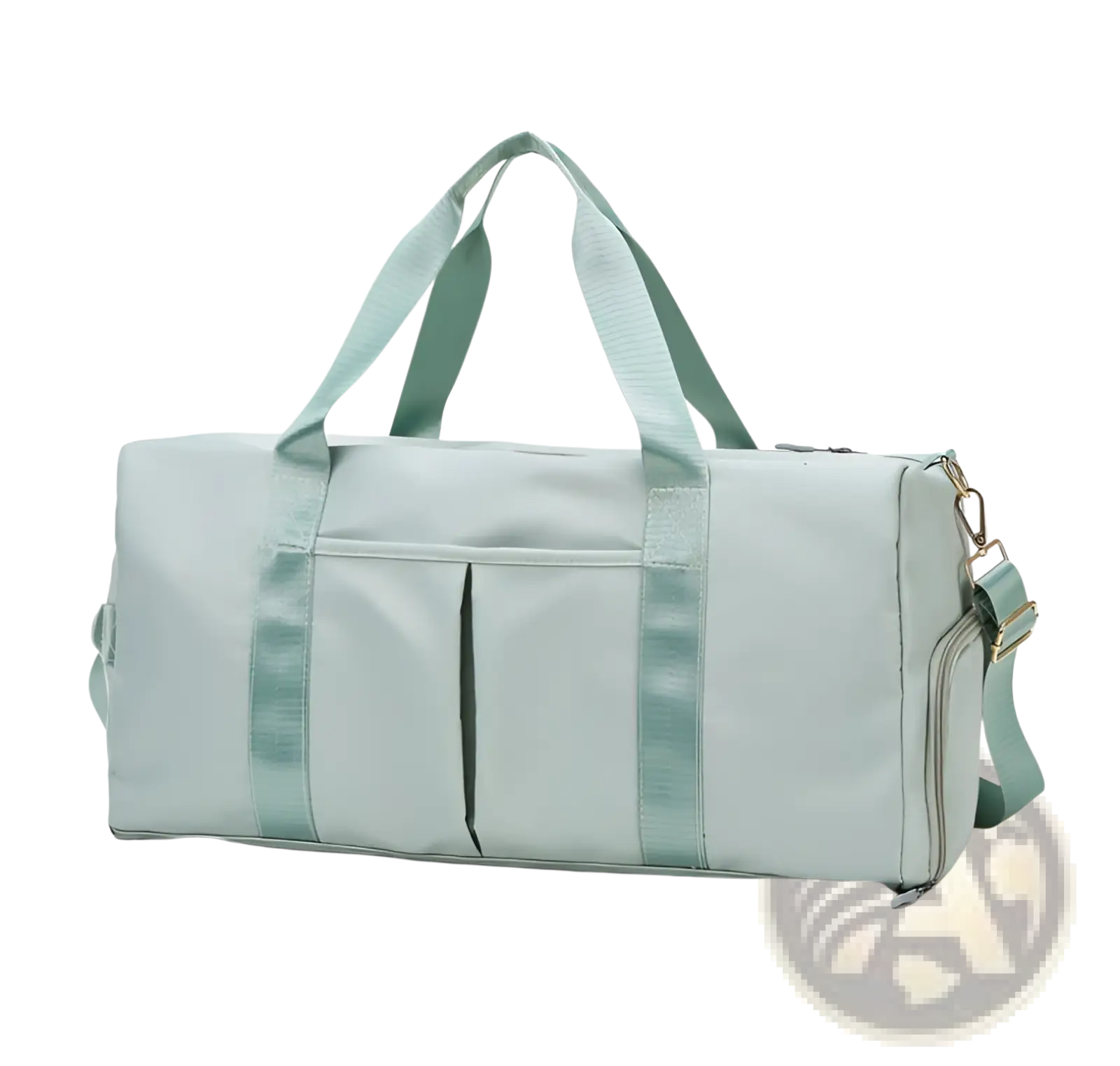 A light mint green waterproof oxford travel duffel bag with multiple zippered compartments for gym and sports use