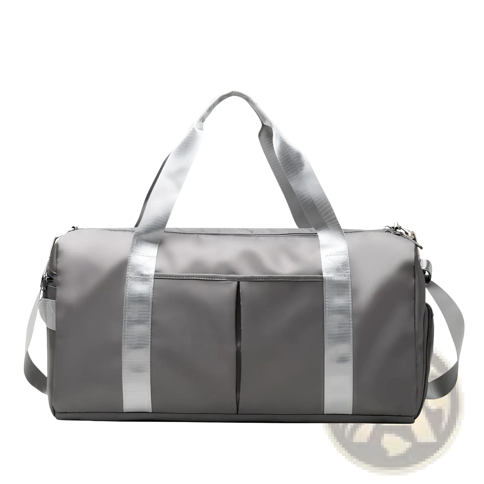 Gray waterproof oxford travel duffel with reflective silver stripes and handles, featuring a sleek nylon exterior for gym and sports