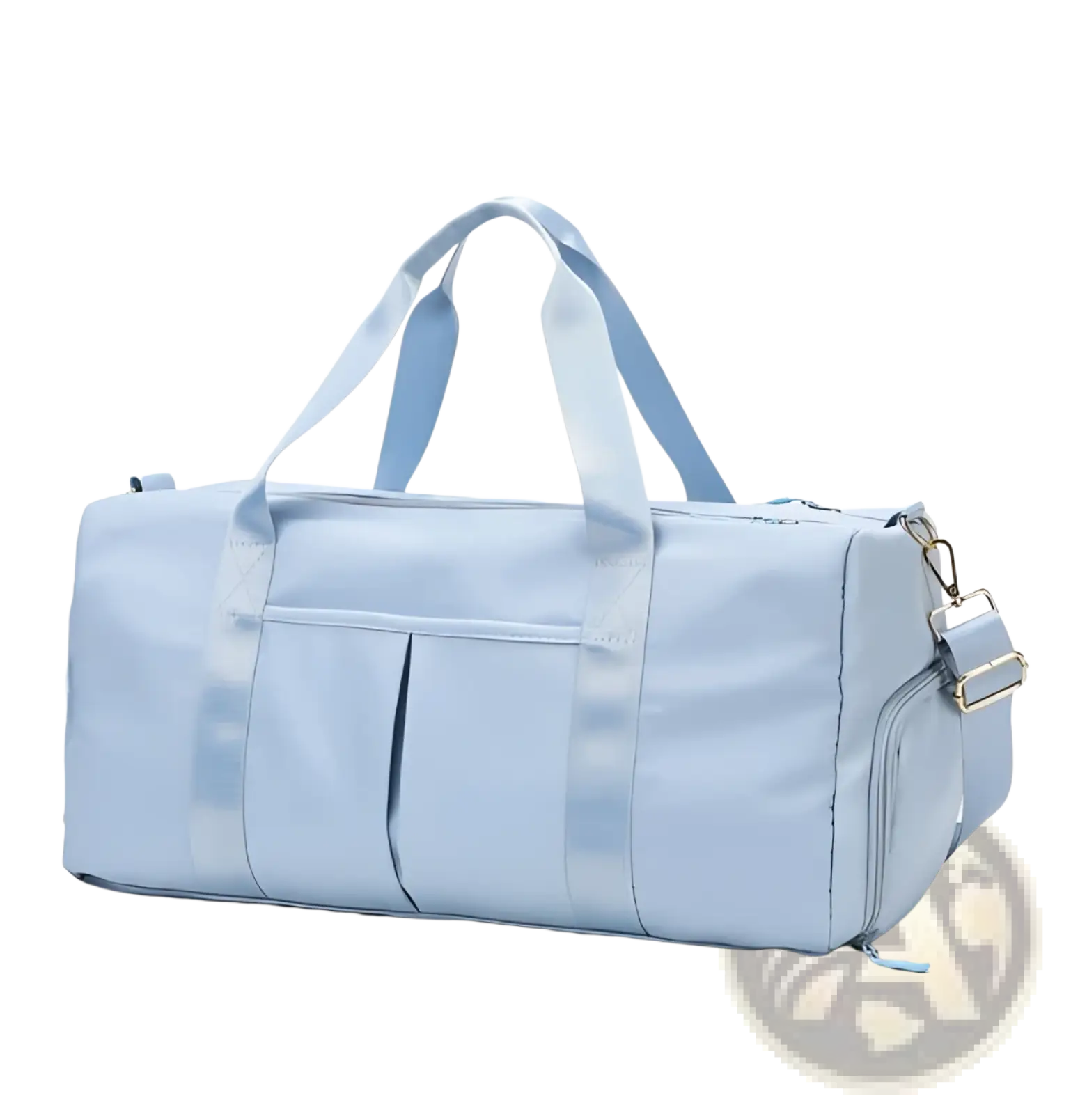 Light blue waterproof oxford nylon travel duffel bag with dual top handles and detachable shoulder strap for gym and sports