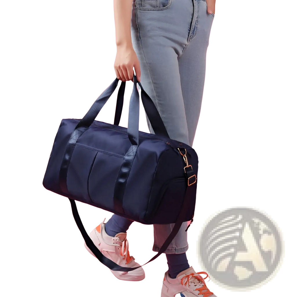 Navy blue waterproof oxford nylon travel duffel bag with black straps and gold-tone hardware for gym and sports