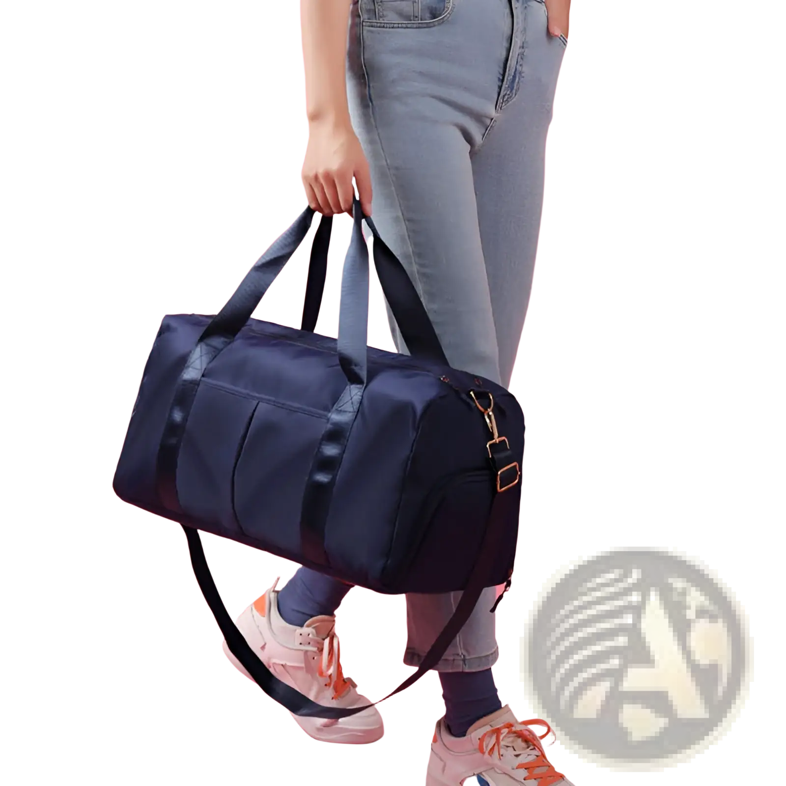 Navy blue waterproof oxford nylon travel duffel bag with black straps and gold-tone hardware for gym and sports