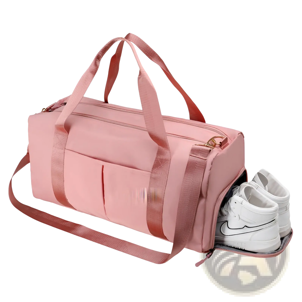 Pink waterproof oxford travel duffel bag with matching handles shoulder strap front pocket and zipper closure for gym and sports